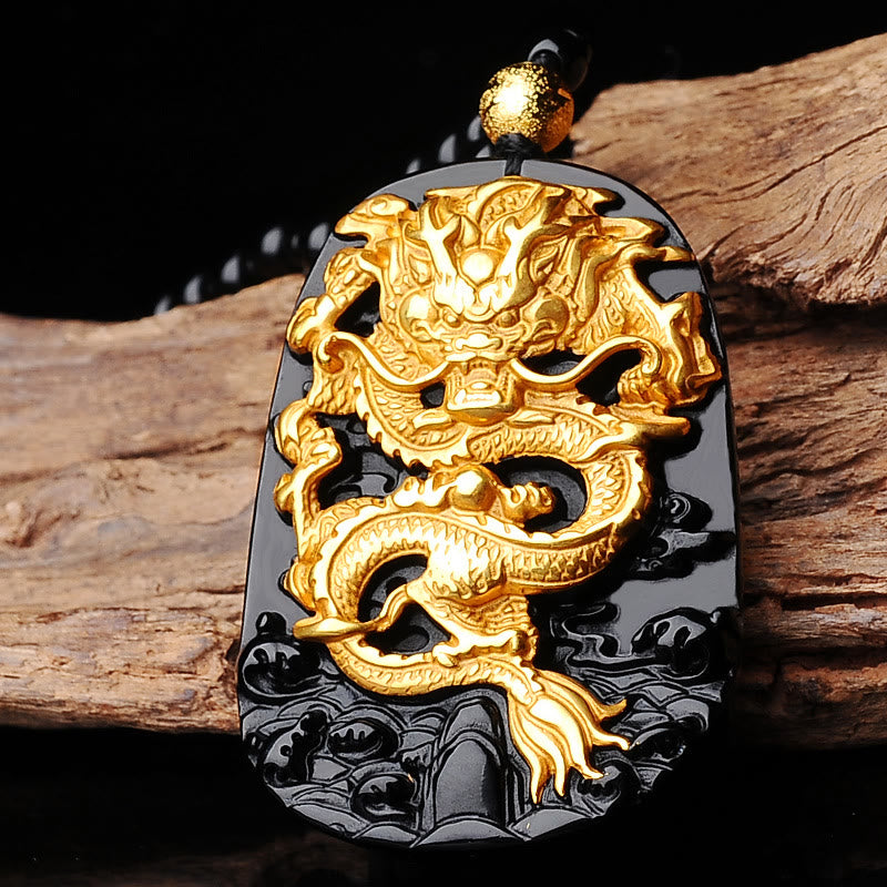 Wear FengShui 18k Gold-plated Dragon Obsidian Lucky Pendant Necklace