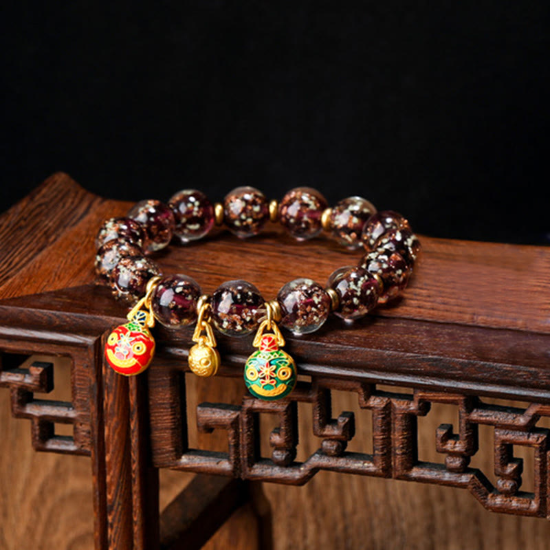 Wear FengShui Gold Swallowing Beast Family Charm Luminous Fluorescent Liuli Glass Bead Success Bracelet
