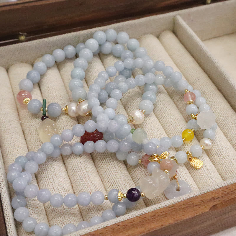 Wear FengShui Natural Aquamarine Chalcedony Serenity Rabbit Gourd Cat Charm Bracelet
