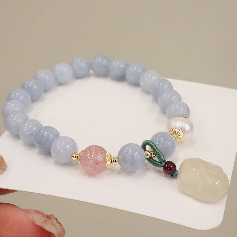 Wear FengShui Natural Aquamarine Chalcedony Serenity Rabbit Gourd Cat Charm Bracelet