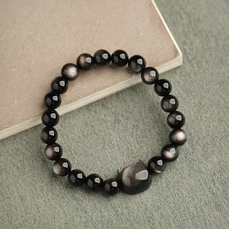 Wear FengShui Gold Sheen Obsidian Silver Sheen Obsidian Lovely Paw Lucky Cat Protection Bracelet
