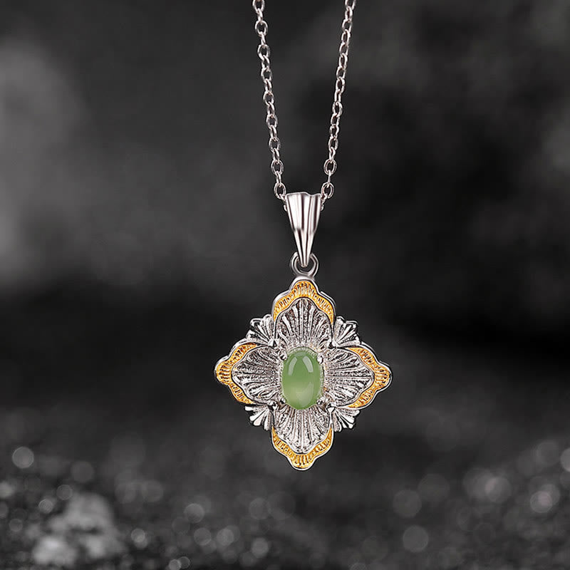 Wear FengShui 925 Sterling Silver Plated Gold Hetian Cyan Jade Rhombus Design Luck Healing Necklace Pendant