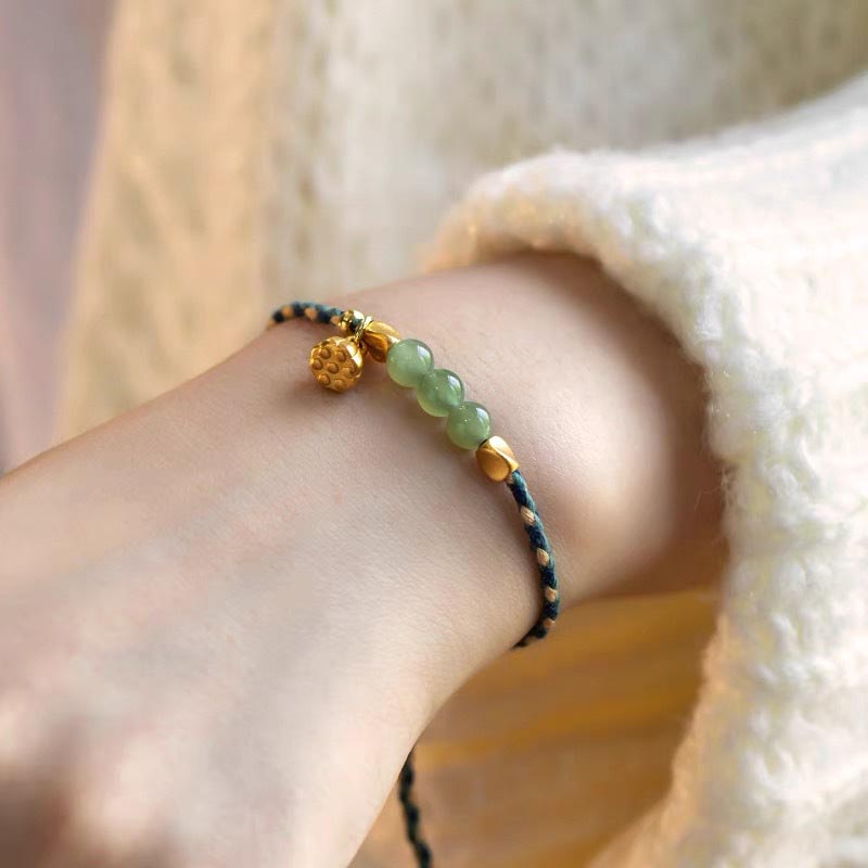 Wear FengShui Handcrafted Hetian Jade Lotus Charm Luck Braided Bracelet