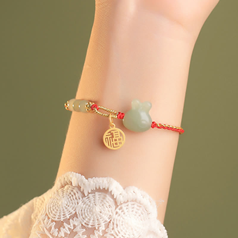 Wear FengShui 925 Sterling Silver Year of the Rabbit Hetian Jade Happiness Luck Red String Bracelet