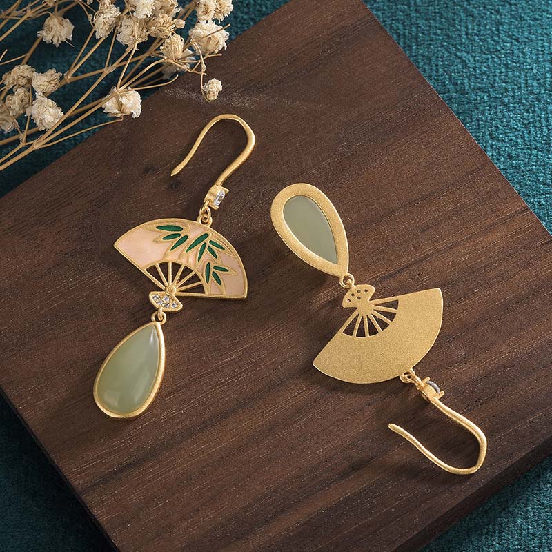 Wear FengShui Natural Green Aventurine Fan Pattern Luck Drop Earrings