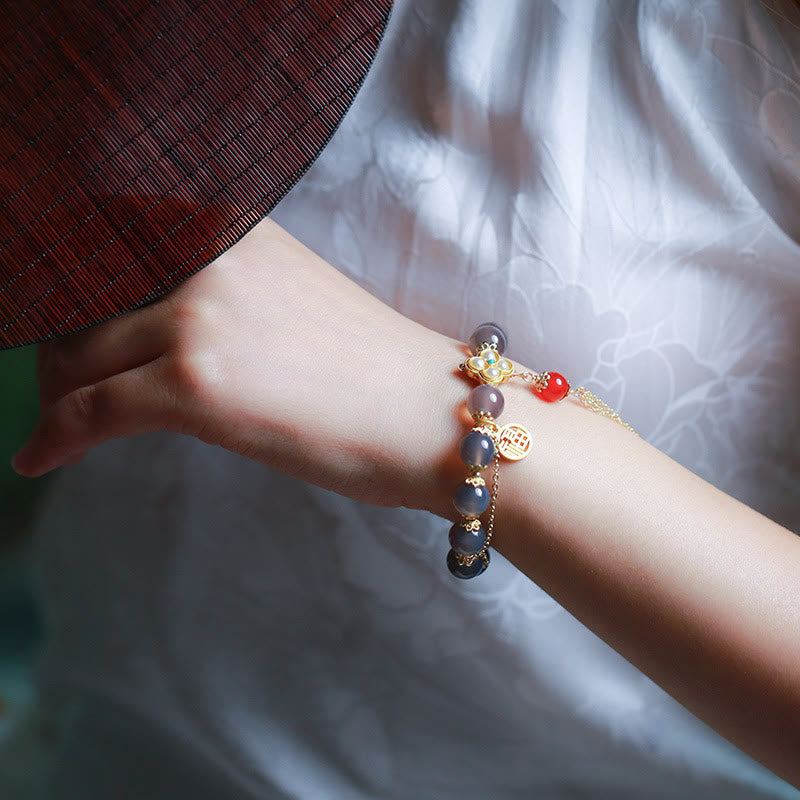 Wear FengShui Natural Gray Agate Fu Character Pearl Tassel Balance Bracelet