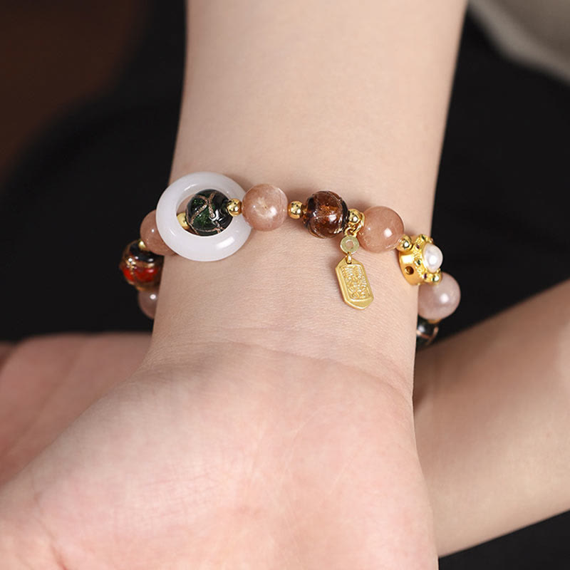 Wear FengShui Tibetan Incense Ash Liuli Glass Tridacna Stone Sun Stone Om Mani Padme Hum Prayer Wheel Charm Bracelet