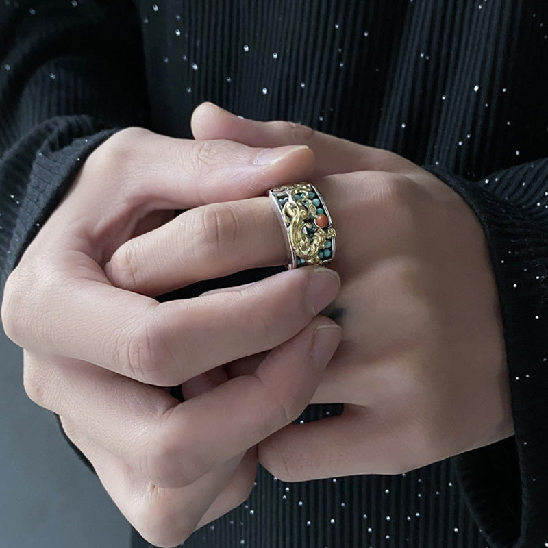 Wear FengShui 925 Sterling Silver Turquoise Red Agate PiXiu Abacus Protection Ring