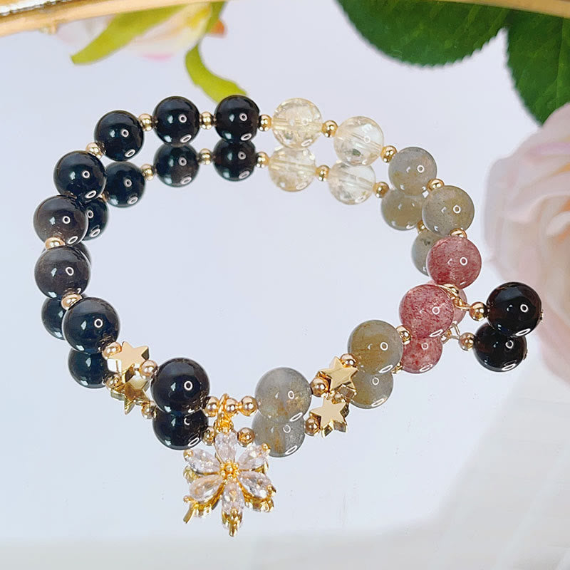 Wear FengShui Natural Silver Sheen Obsidian Love Heart Star Flower Protection Bracelet