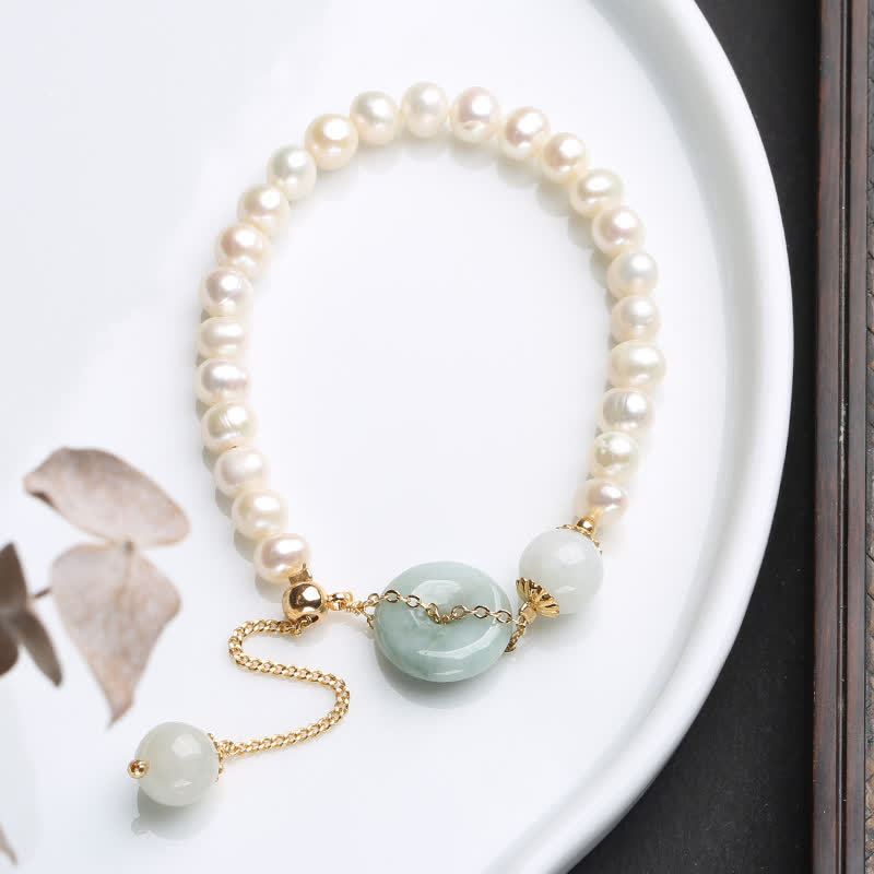 Wear FengShui Natural Jade Pearl Peace Buckle Prosperity Luck Bracelet