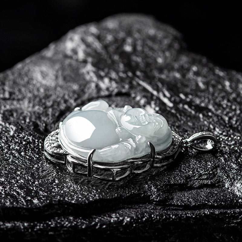 Wear FengShui Laughing Buddha Natural Jade Abundance Titanium Steel Chain Necklace Pendant