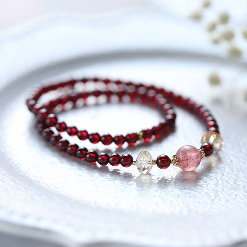 Wear FengShui 14K Gold Plated Natural Garnet Strawberry Quartz Stability Double Wrap Bracelet