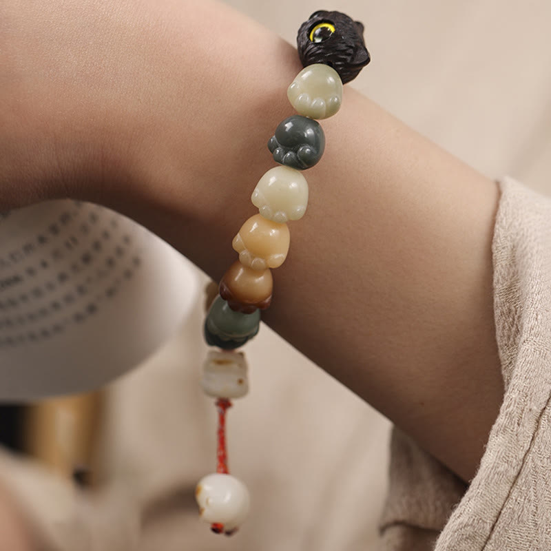 Wear FengShui Natural Bodhi Seed Lovely Paw Ebony Wood Lucky Cat Wisdom Bracelet