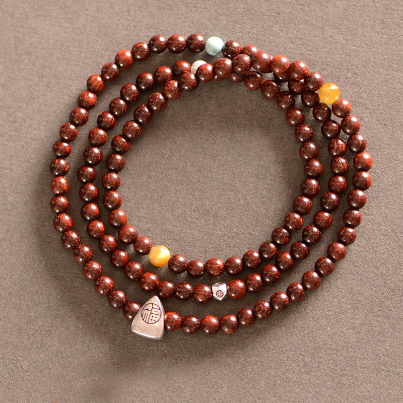 Wear FengShui 925 Sterling Silver Indian Small Leaf Red Sandalwood Fu Character Protection Triple Wrap Bracelet