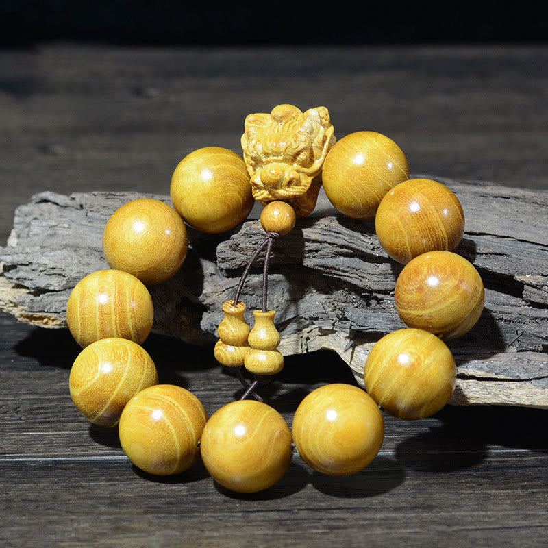 Wear FengShui Rosewood Green Sandalwood Small Leaf Red Sandalwood Dragon Carved Protection Bracelet