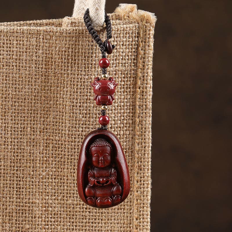 Wear FengShui Small Leaf Red Sandalwood Buddha Cinnabar Chinese Zodiac Amulet Protection Key Chain