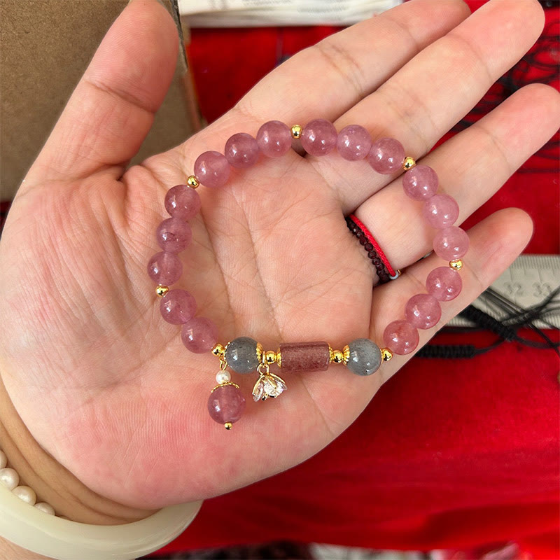 Wear FengShui Natural Strawberry Quartz Zircon Flower Positive Charm Bracelet