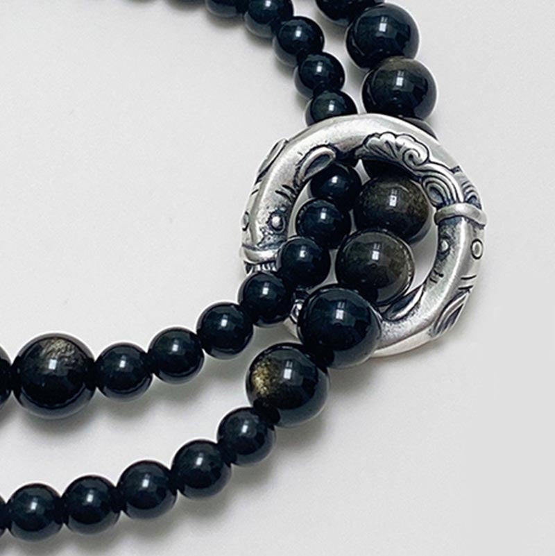 Wear FengShui 999 Sterling Silver Black Obsidian Fulfillment Strength Double Layer Bracelet