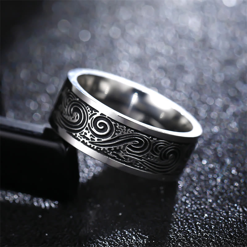 Wear FengShui Vintage Wave Auspicious Clouds Engraved Pattern Titanium Steel Balance Ring