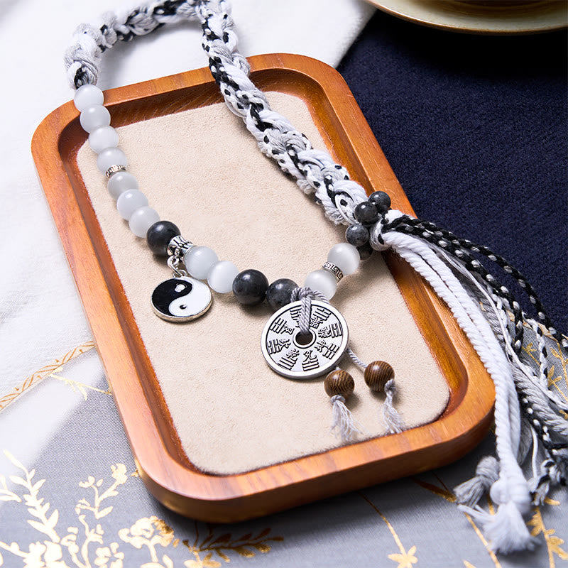Wear FengShui Black Glitter Stone Cat's Eye Yin Yang Mountain Ghosts Spend Money Power Double Layer Rope Bracelet