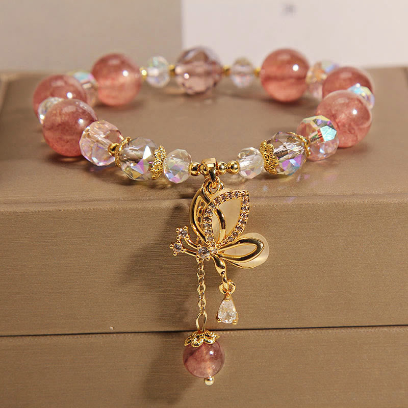 Wear FengShui Natural Strawberry Quartz Healing Positive Butterfly Charm Bracelet