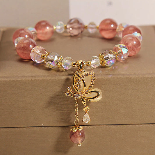 Wear FengShui Natural Strawberry Quartz Healing Positive Butterfly Charm Bracelet