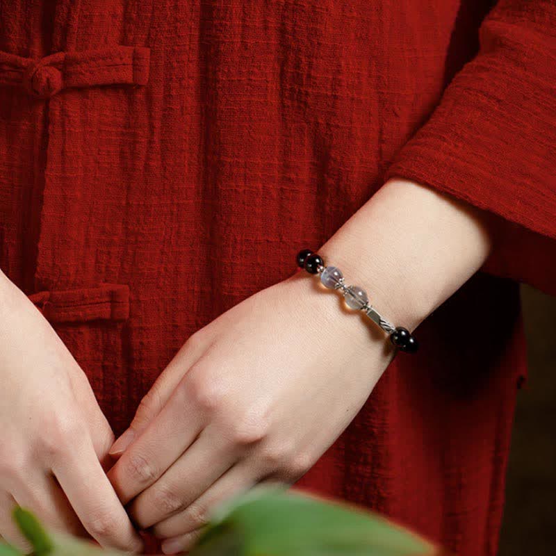 Wear FengShui 925 Sterling Silver Obsidian Moonstone Strength Couple Bracelet