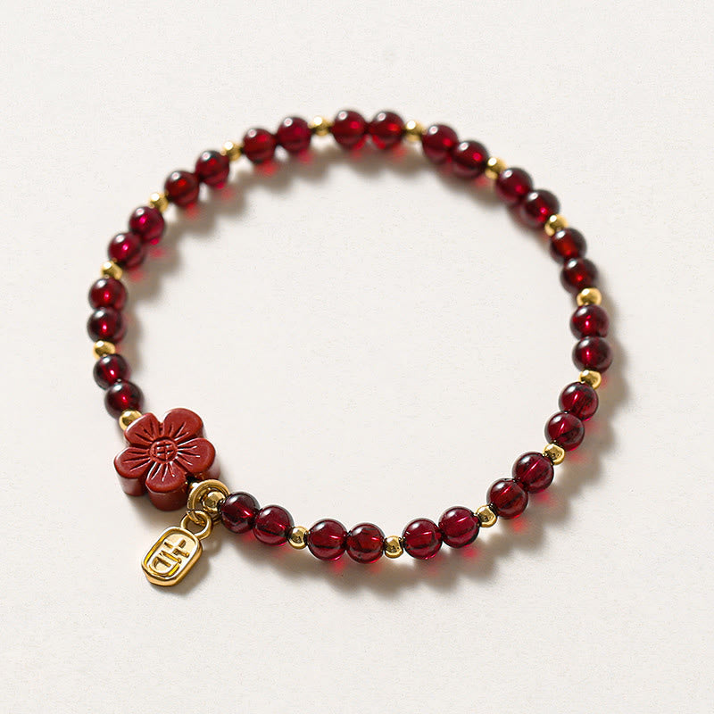 Wear FengShui 14K Gold Plated Natural Garnet Cinnabar Flower Calm Bracelet
