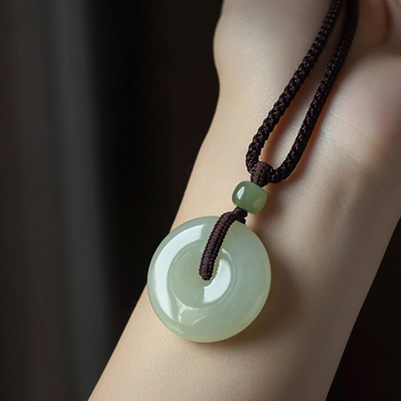 Wear FengShui Natural Round Jade Peace Buckle Luck Prosperity Necklace Pendant