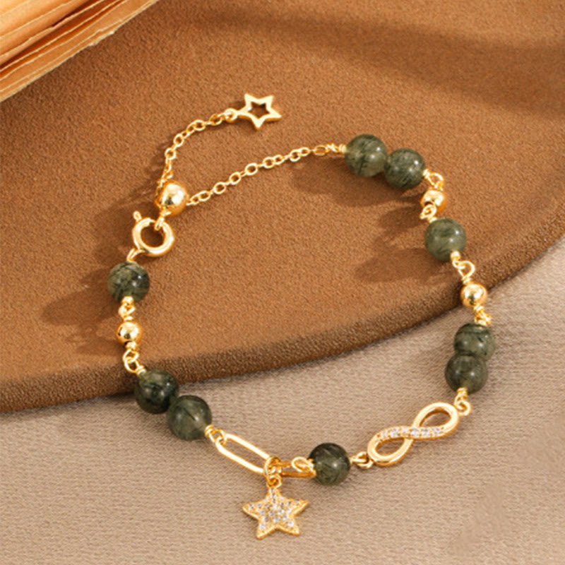 Wear FengShui 14k Gold Plated Copper Green Rutilated Quartz Möbius Loop Eternal Love Star Protection Bracelet