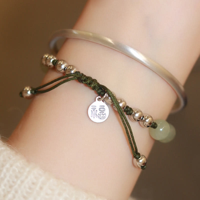 Wear FengShui 925 Sterling Silver Natural Jade Fu Character Bamboo Abundance Bracelet