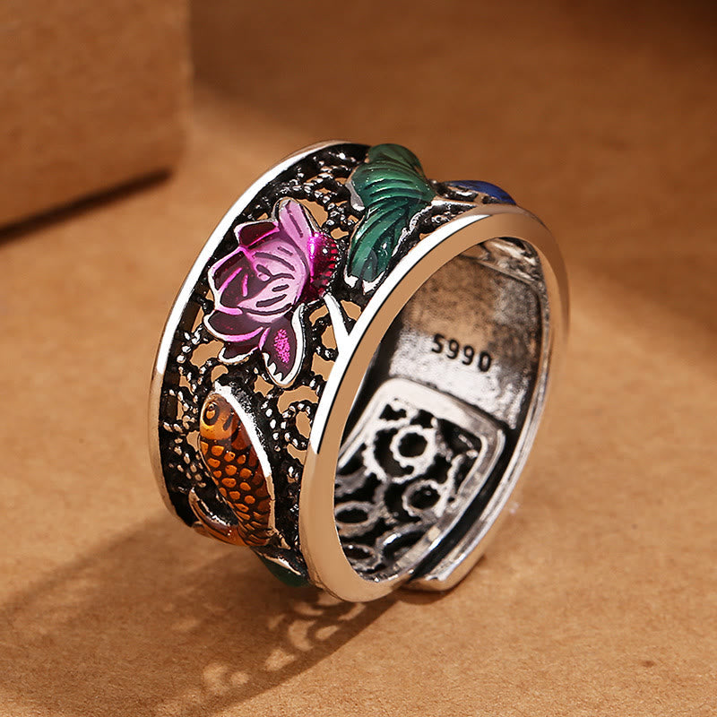Wear FengShui Copper Blue Enamel Lotus Heart Sutra Koi Fish Luck Ring