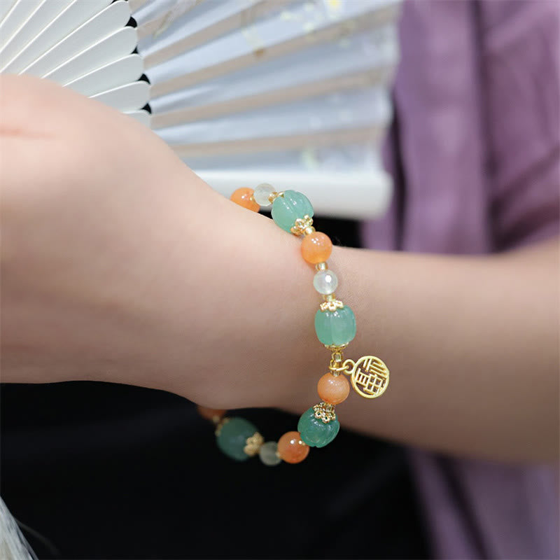 Wear FengShui Natural Golden Silk Jade Pumpkin Bead Fu Character Charm Wealth Bracelet