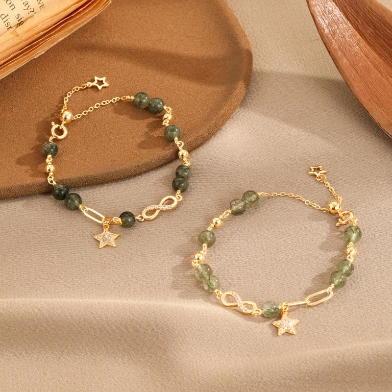 Wear FengShui 14k Gold Plated Copper Green Rutilated Quartz Möbius Loop Eternal Love Star Protection Bracelet