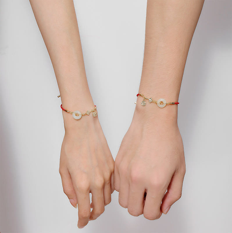 Wear FengShui 18K Gold Plated Hetian Jade Peace Buckle Fu Character Luck Red Rope Bracelet