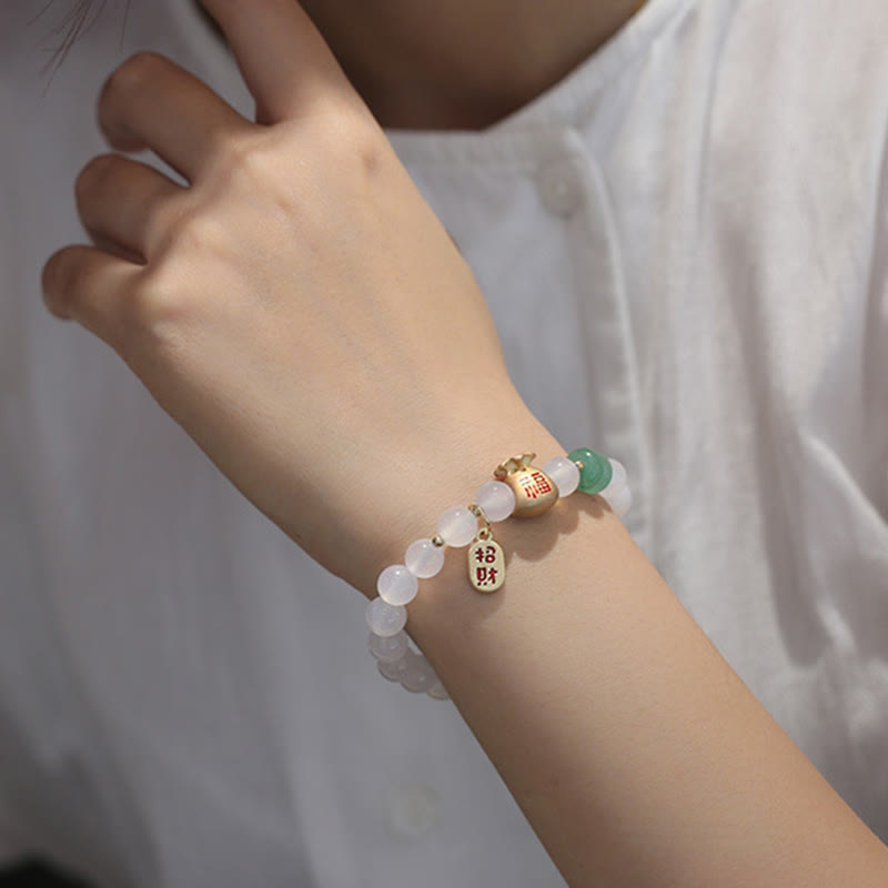 Wear FengShui Natural White Agate Red Agate Money Bag Fu Character Four Leaf Clover Protection Bracelet