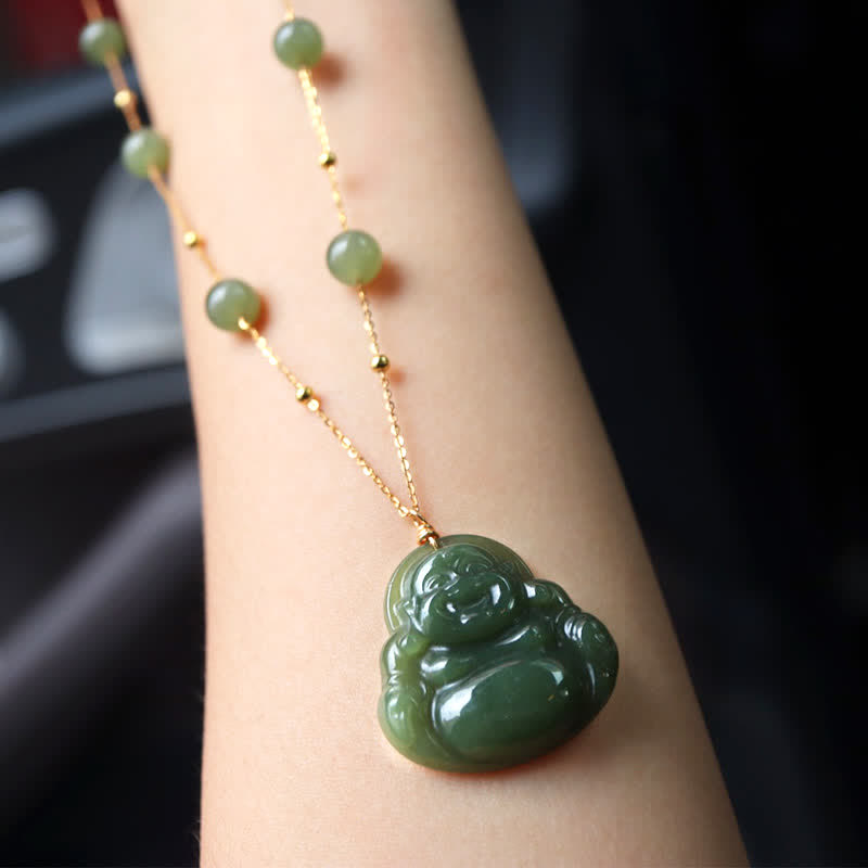 Wear FengShui Laughing Buddha Hetian Jade Luck Necklace Bead Chain Pendant