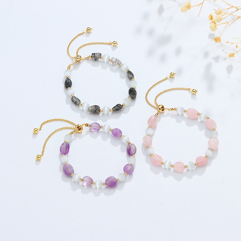 Wear FengShui Amethyst Pink Crystal Black Rutilated Quartz Spiritual Awareness Bracelet
