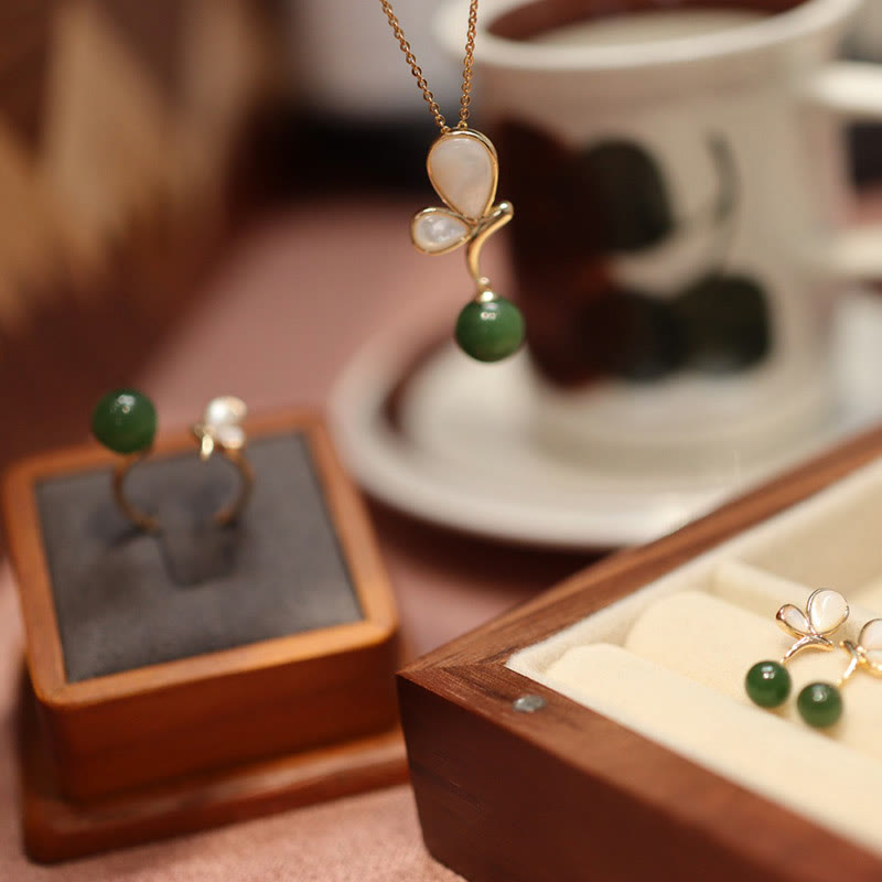 Wear FengShui Natural Butterfly Tridacna Stone Cyan Jade Copper Plated Gold Calm Necklace Pendant Ring Earrings Set
