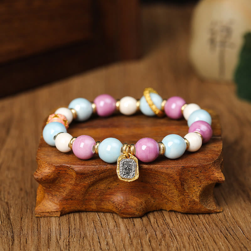 Wear FengShui Tibetan Zakiram Goddess of Wealth Rabbit Lion Head Charm Liuli Glass Incense Ash Porcelain Bead Protection Bracelet
