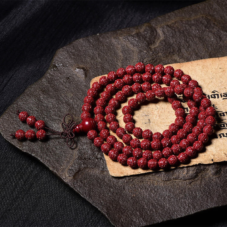 Wear FengShui 108 Mala Beads Cinnabar Om Mani Padme Hum Pattern Engraved Blessing Bracelet