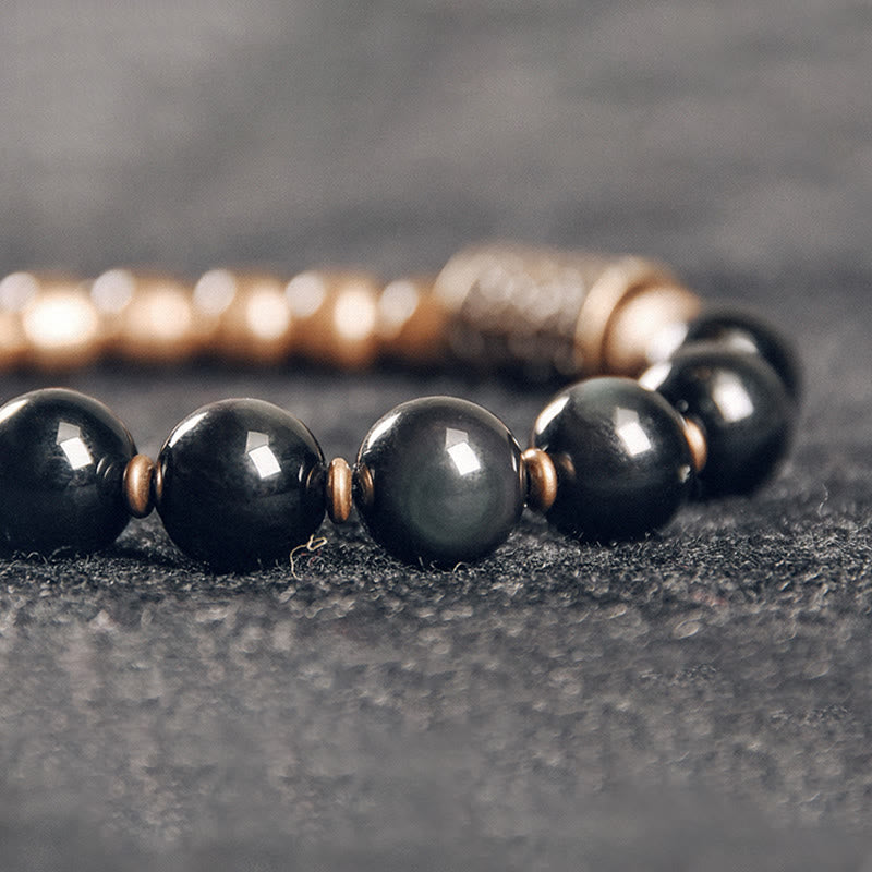 Wear FengShui Lava Rock Stone Rainbow Obsidian Brass Support Healing Bracelet