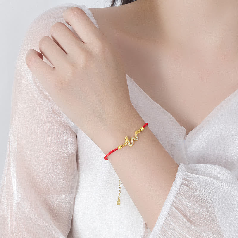 Wear FengShui 925 Sterling Silver Year Of The Dragon Auspicious Golden Dragon Luck Red Rope Chain Bracelet