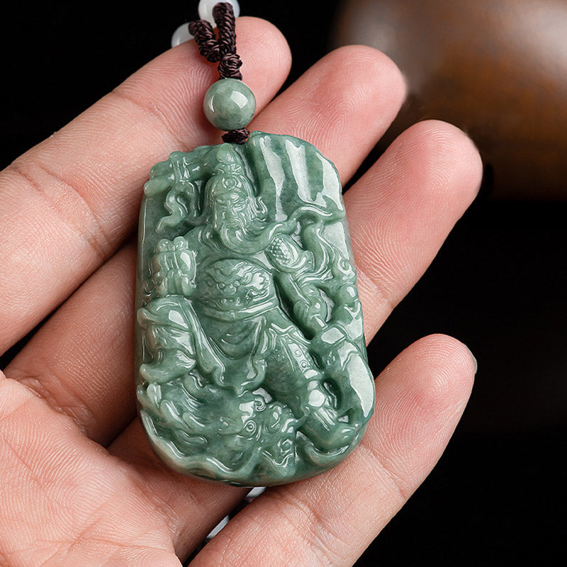 Wear FengShui Natural Jade Guan Gong Amulet Wealth Necklace Pendant