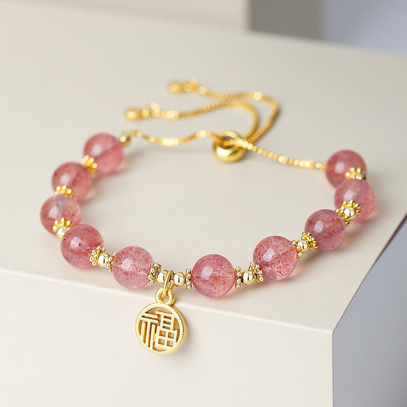Wear FengShui 14K Gold Plated Natural Strawberry Quartz Fu Character Positive Charm Bracelet