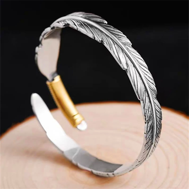 Wear FengShui Feather Pattern Engraved Luck Cuff Bracelet Bangle