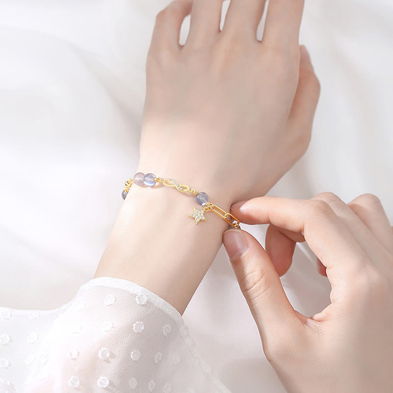 Wear FengShui 14K Gold Plated Natural Strawberry Quartz Moonstone Möbius Loop Eternal Love Star Positive Bracelet