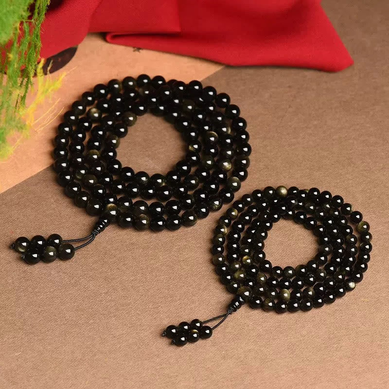 Wear FengShui 108 Mala Beads Natural Gold Sheen Obsidian Wealth Bracelet