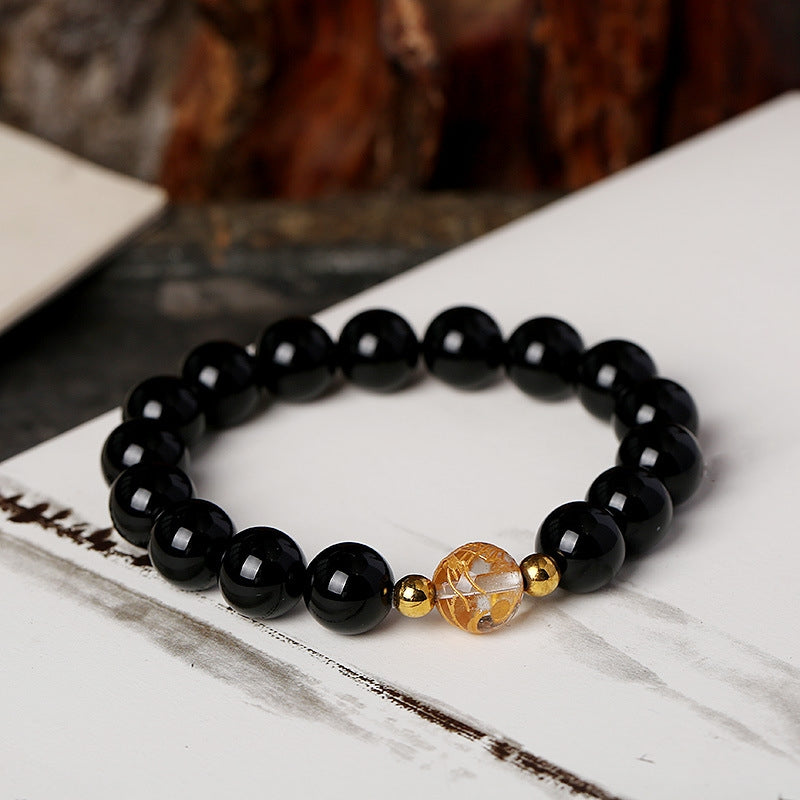 Wear FengShui Natural Black Obsidian White Crystal Black Onyx Dragon Strength Bracelet