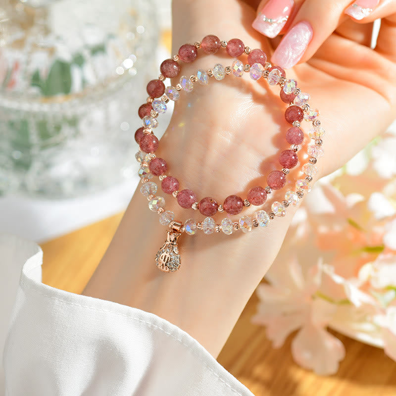 Wear FengShui Strawberry Quartz White Crystal Money Bag Charm Positive Bracelet